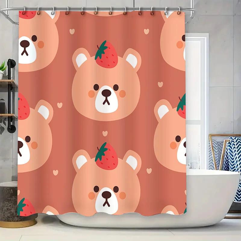 

Adorable Strawberry Bear Shower Curtain for a Fun Bathroom, Featuring Cute Bears with Strawberries on Their Heads. This Playful W90XH180cm