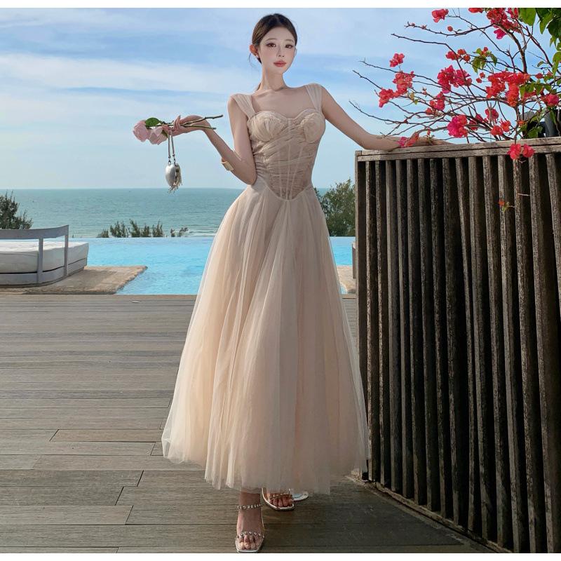 New Girl French Mesh Fishbone Lace Embroidered Dress Suspender Ruffle Dress S