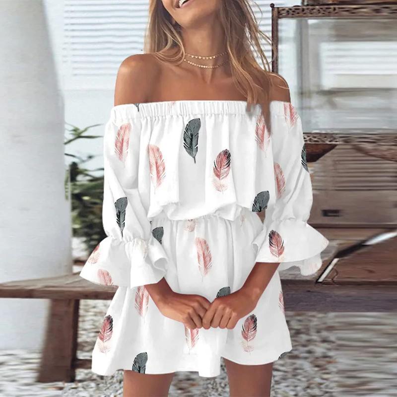 Women Floral Print Mini Dresses Summer Sexy Off Shoulder Flare Sleeve Tunic Dress Female Casual Boho Beach Dress