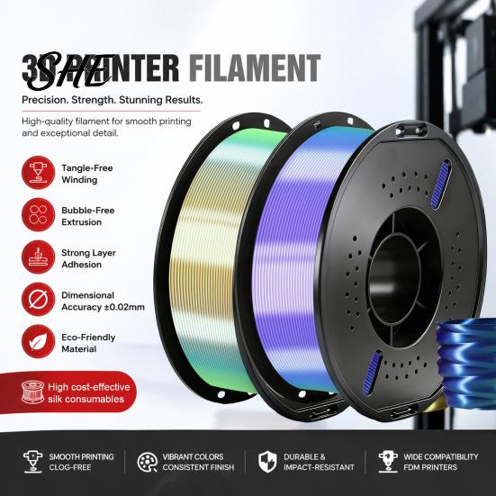 Object Printing Material Three-Color Gradient Silk PLA Filament, 1.75mm 1Kg Spool, Shiny Multicolor Low Warpage Filament 3D Printer for DIY Figurines