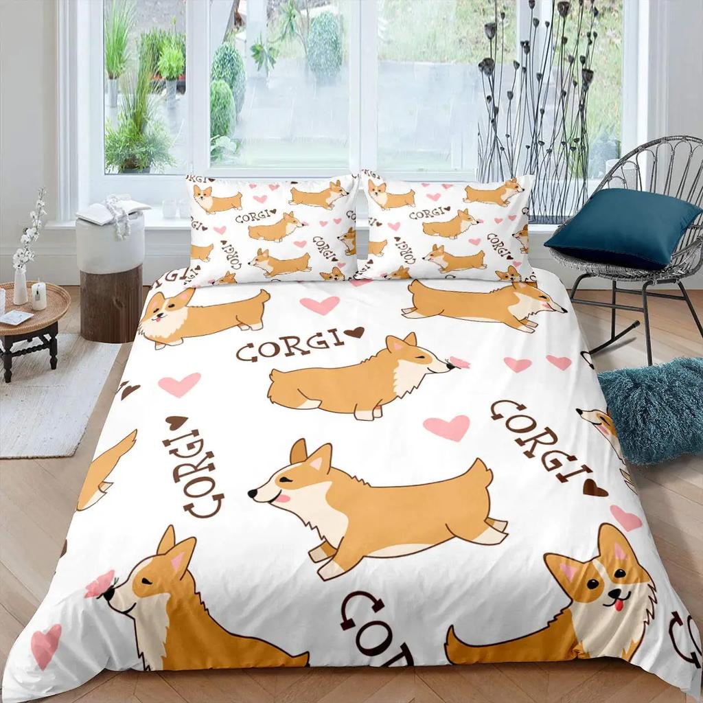 Zestaw poszewek na kołdrę z psem rasy Mops Corgi Shiba Szczeniak Poszewka na kołdrę z psem Kocham psy Zestawy pościeli Zwierzęta Kawaii Kreskówkowe narzuty Rozmiar pełny