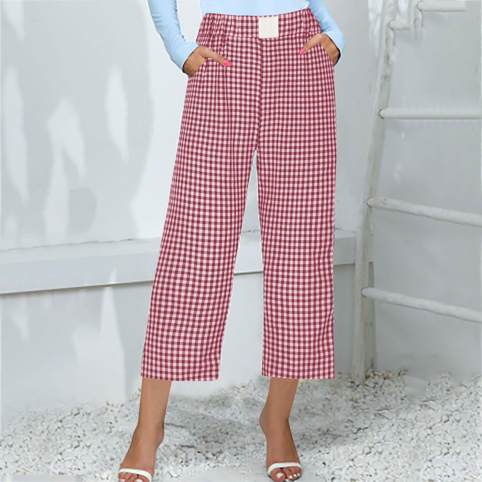 

Жіночі повсякденні та зручні вільні вінтажні укорочені штани в клітку з високою талією та кишенями XL