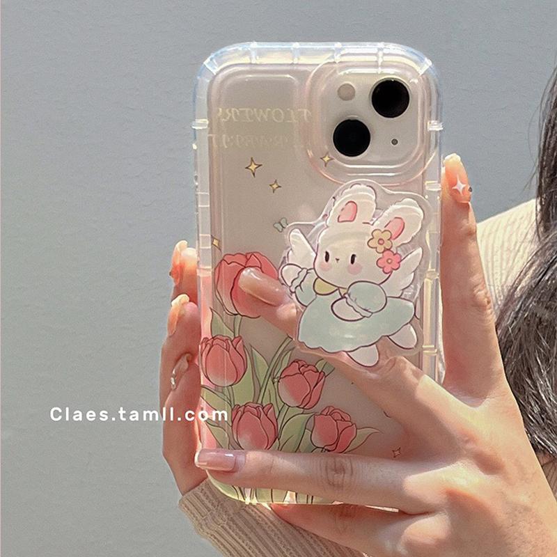 

Мягкий чехол для телефона Rabbit Fairy Grip Tok Holder Rose TPU для iPhone 11 12 13 14 Pro Max 13 Pro X XS max XR 7 8 Plus SE 2020 12 Mini For iPhone 15Pro Max&Case & Holder