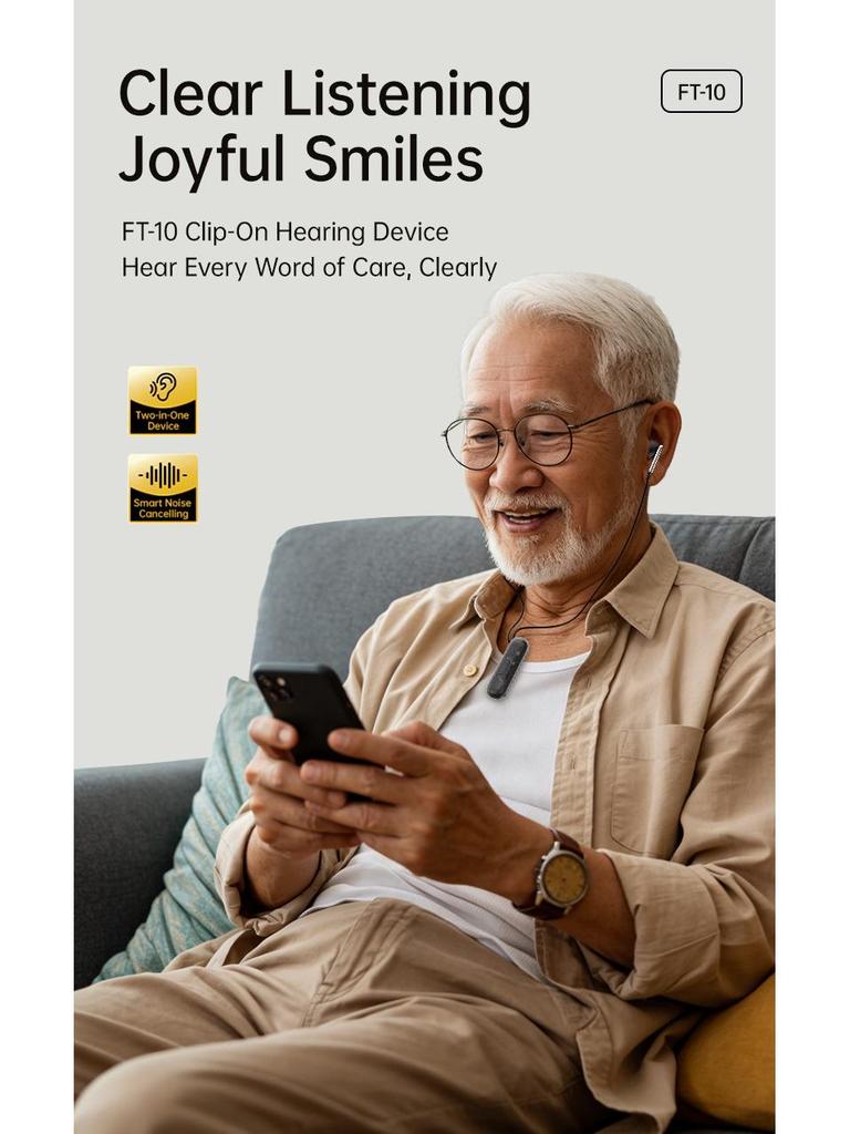 FT-10 Bluetooth Earphones: Hearing Aid & Sound Amplifier for Elderly, Clip-on Sport Design