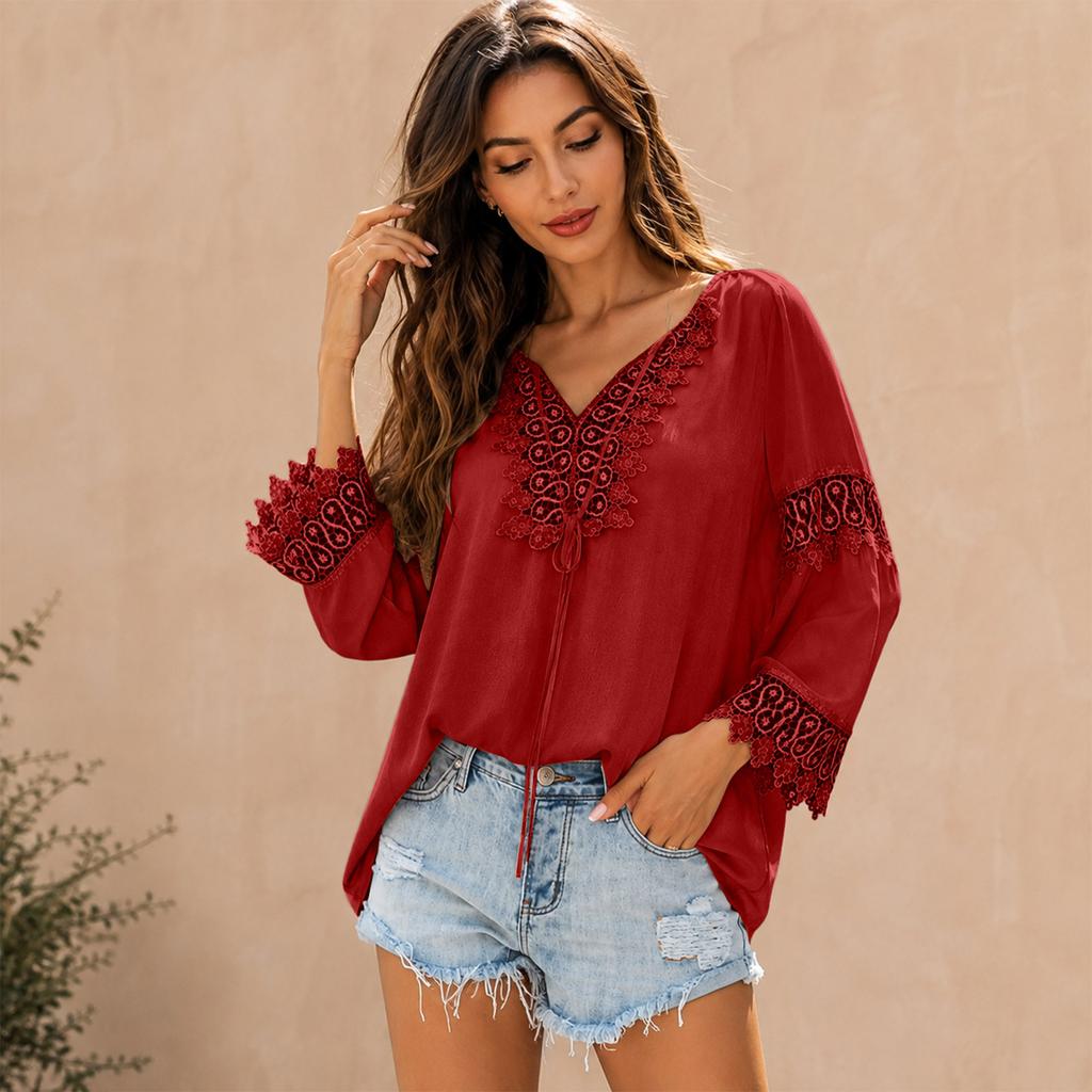 Camicetta Elegante da Donna con Scollo a V, Bordi in Pizzo, Patchwork e Maniche a Tre Quarti