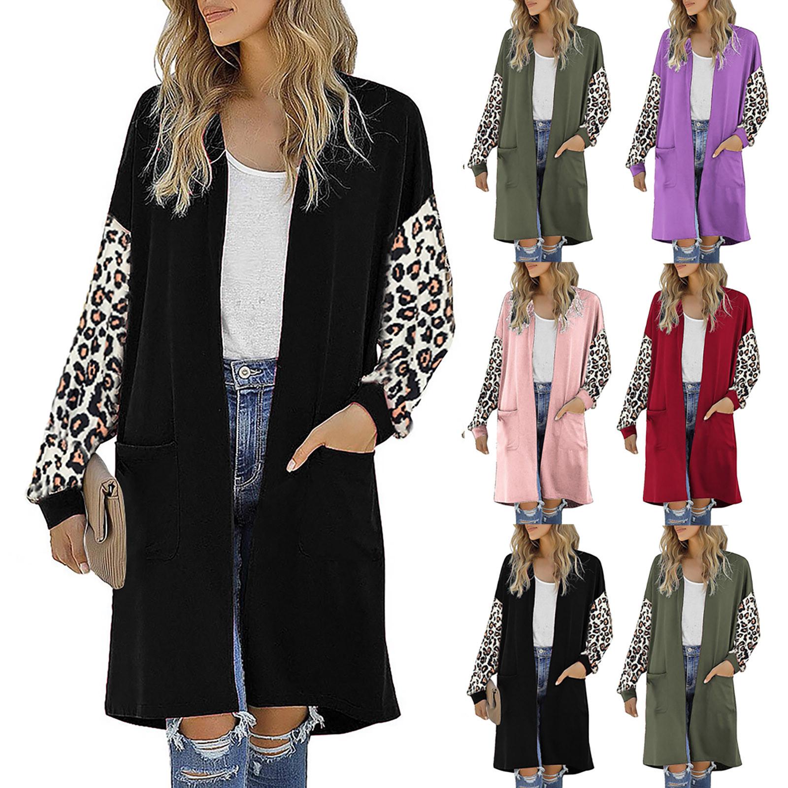 

Женский модный кардиган средней длины с леопардовым принтом и длинными рукавами