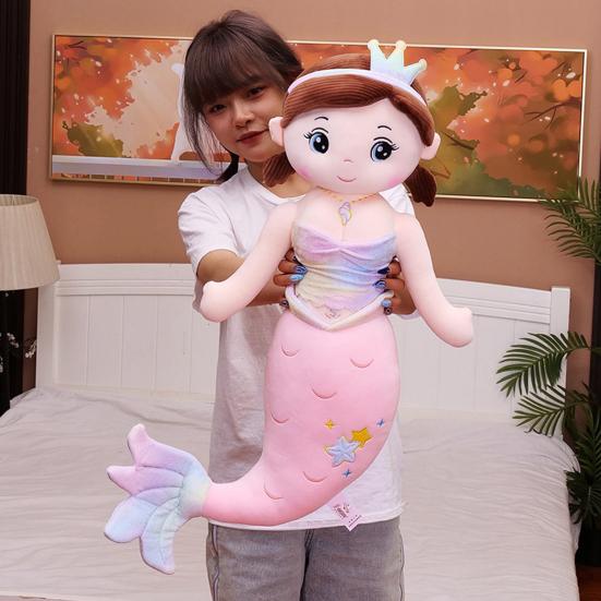 Mermaid Plush Pillow Cute Crown Colorful Fishtail Fish Doll Soft Companion Plushies Stuffed Sea Animal Cartoon Fish Plush Toy Birthday Gift