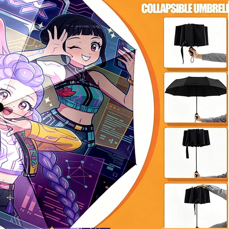 Custom Name Personalized Demon Hunters Kpop Print Umbrella, Auto Open Close, 8‑Rib Sturdy Frame, Commute Camping Hiking Use, Birthday Gift