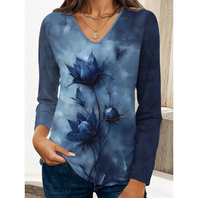 Fashion Women's V-Neck Long Sleeve 3D Casual Color Printing Casual Long Sleeve V-Neck T-Shirt