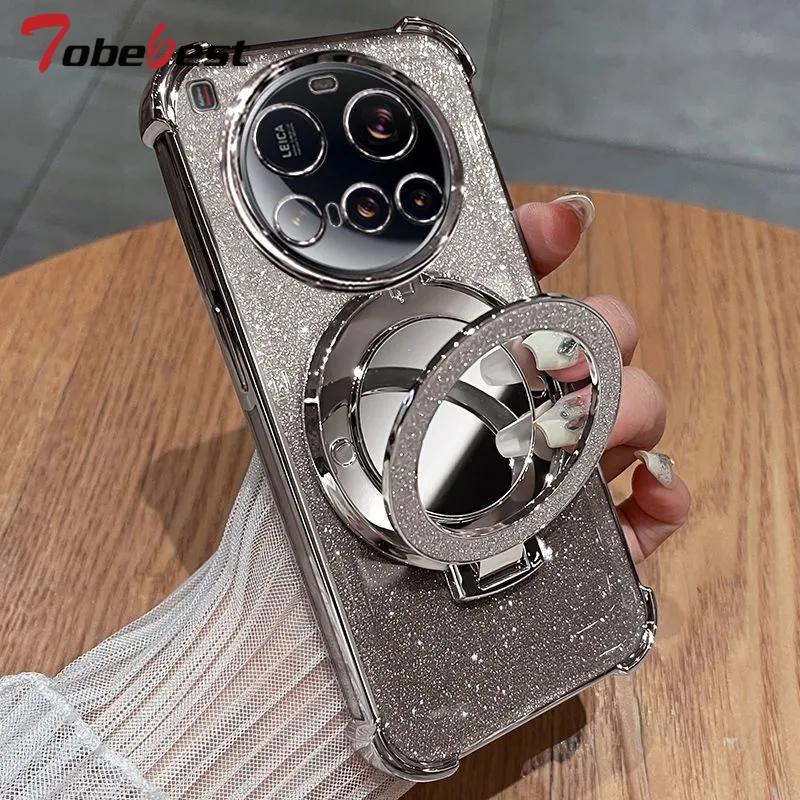 Shockproof Plating Silicone Case For Xiaomi 15 Ultra Pro Glitter Mirror Magnetic Holder Stand Soft Cover