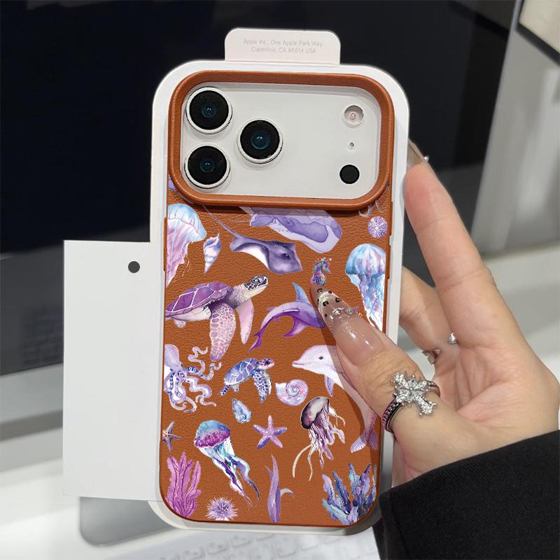 Trendy Ocean Style Whale Pattern Case For iPhone 17 16 Pro Max Luxury Leather Texture Matte Silicone Cover For iPhone 15 14 13 Pro Max 11 16e 17e