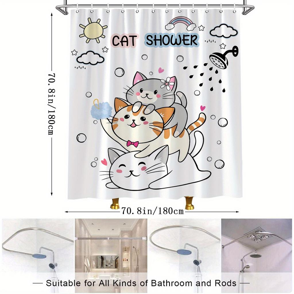 Cute Cat Shower Curtain Playful Cartoon Cats Rainbow Hearts Design Vibrant Cat Shower Theme Polyester Easy Clean With Hooks