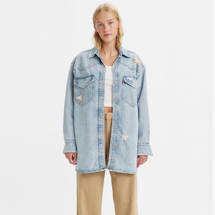 Levis Solid Color Distressed Straight Leg Long Sleeve Shirt Women shirts Blue A3373-0013