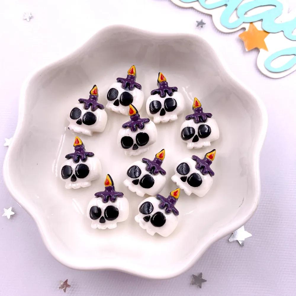 30pcs Resin Mini Colorful Painted Bat Pumpkin Skull Ghost Cat Figurines Flat Back Scrapbook DIY Halloween Decor  Nail Art M439 F