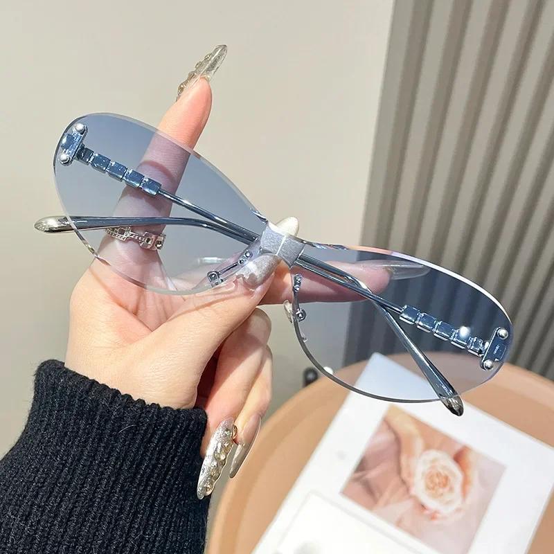 Rimless Sunglasses With Thick Lenses Women High End Luxury Uv Protection Outdoor Travel Beach Shades Eyeglasses Protect Eyes