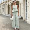 Damen Trägertop Hose Zweiteiliges Set Sommer Kariert Ärmellos Rüschen T-Shirt Weite Hosen Locker Lässig O-Ausschnitt Shirt Elastischer Bund