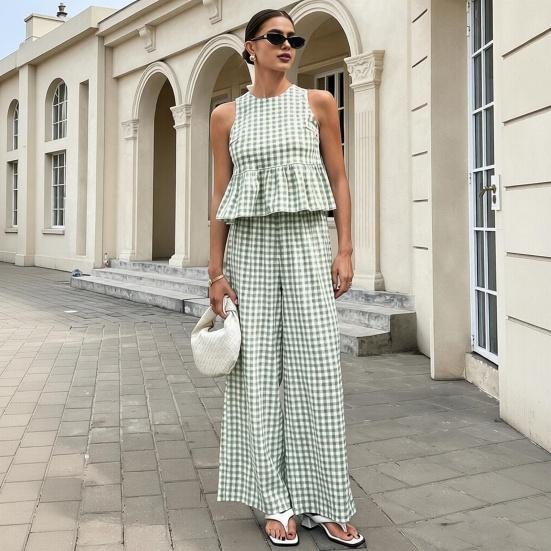 Damen Trägertop Hose Zweiteiliges Set Sommer Kariert Ärmellos Rüschen T-Shirt Weite Hosen Locker Lässig O-Ausschnitt Shirt Elastischer Bund
