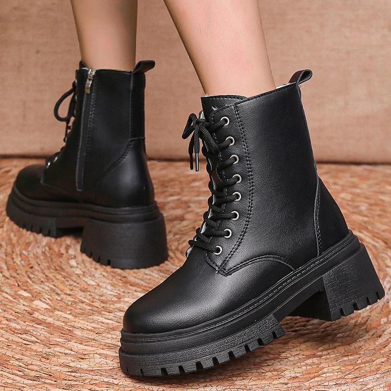 Fashion Women's Winter Warm Short Plush Ankle Boots Comfy Pu Leather High Heels Botas Mujer Fashion Lace Up Zip Platform Combat Boots