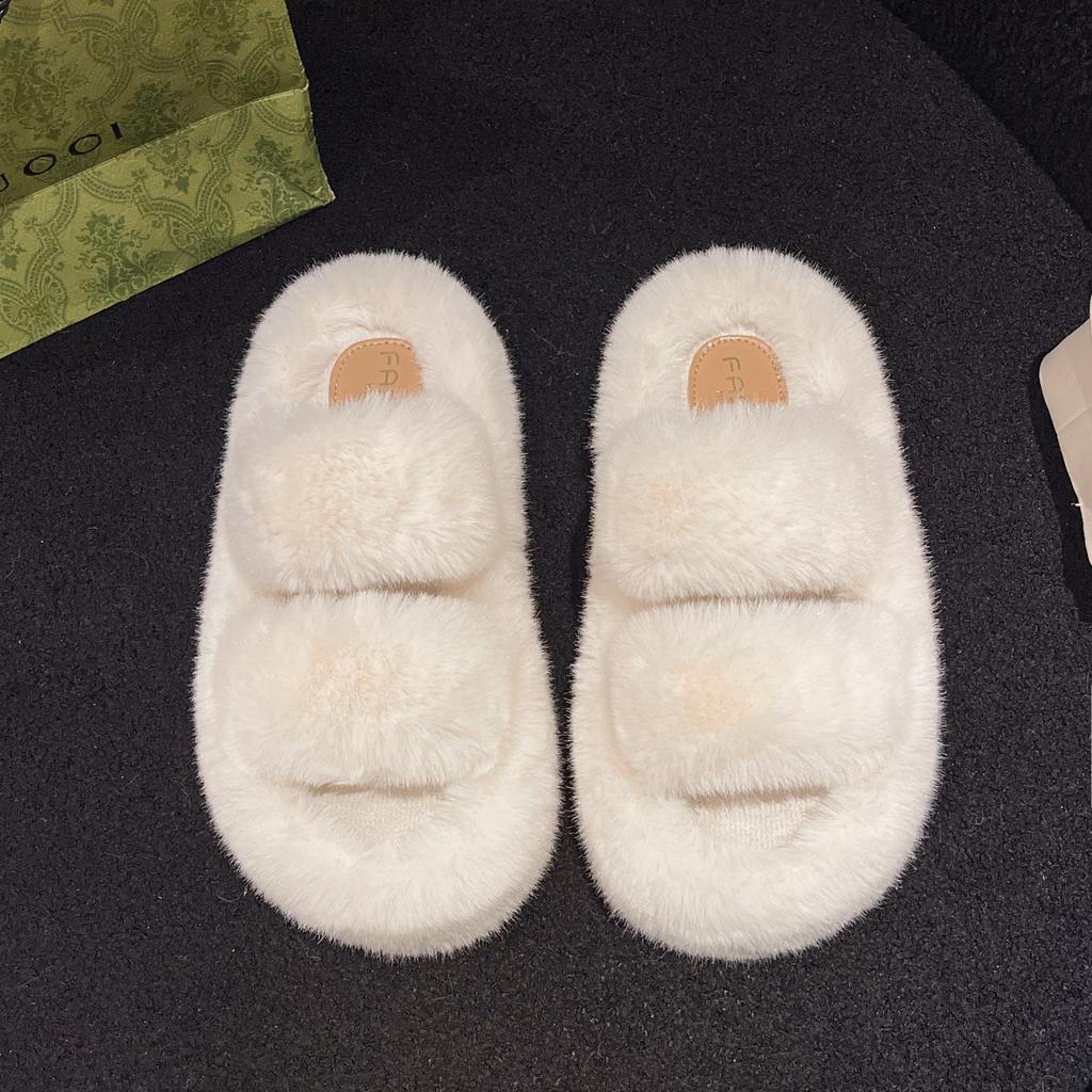 2024 autumn and winter new fluffy slippers women wear large size thick bottom plush office home versatile cotton slippers women