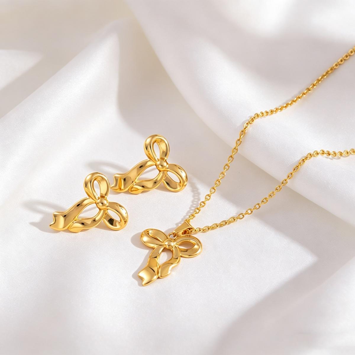

Elegant Gold Color Bow Jewelry Set Women Dainty Bowknot Necklace Earrings Set For Daily Wear Party Luxury Fashion Jewelry