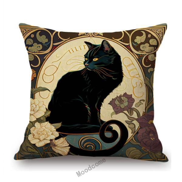 Black White Cat Nouveau Art Floral Background Mucha Style Retro Cotton Linen Sofa Throw Pillow Case Home Decor Cushion Cover