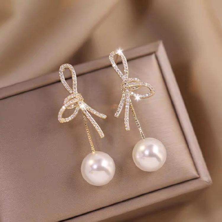 Fashionable Bows Drop Earrings Sweet Pearl Earrings Crystal Bowknot Ear Pendant