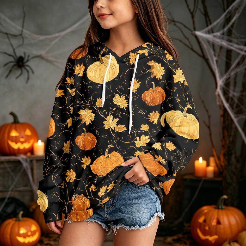 Kids Casual Hooded Sweatshirt with Halloween Print Pullover for Daily Wear
