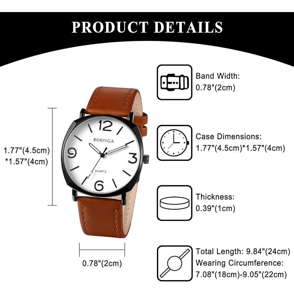 Men's Waterproof Quartz Watch Brown Strap Round Dial Simple Design Black Case