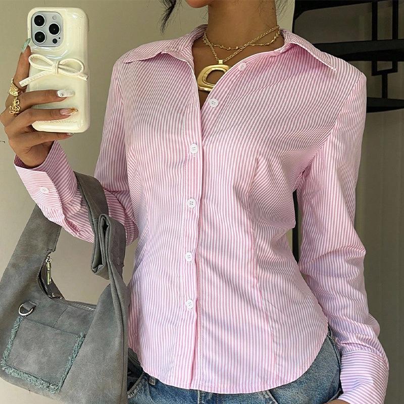 Autumn Temperament Striped Waist Long-sleeved Shirt Lace-up Shirt for Women
