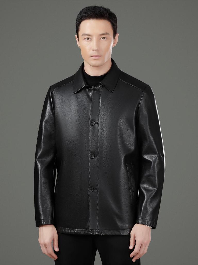 Men's Genuine Sheepskin Lapel Coat - Winter 2025 Single-Breasted Leather Jacket with Plush Lining for Middle-Aged Dads