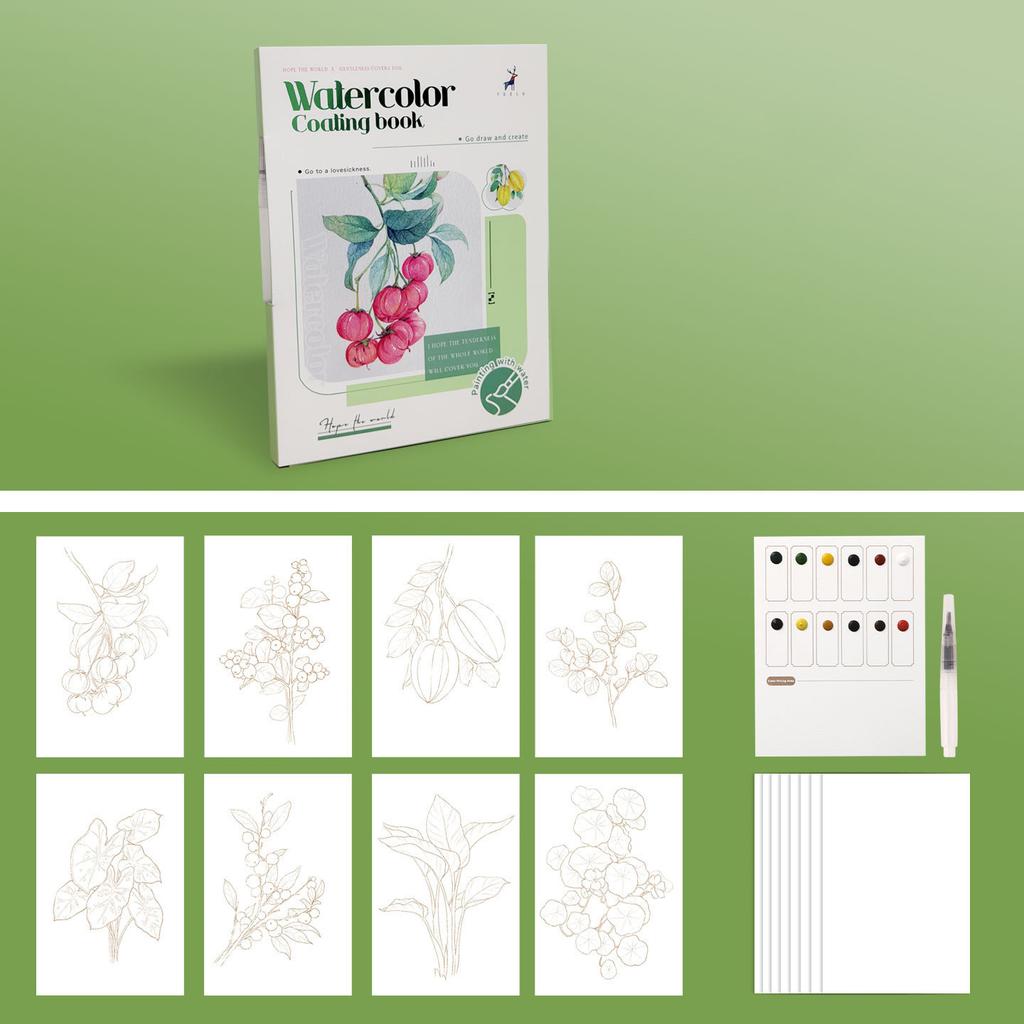 Three fold watercolor coloring book with built-in pigments, adult decompression DIY portable coloring watercolor drawing book
