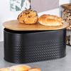 Steel bread bin with wooden board, black, 34x18.5x15.5 cm