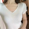 Sommer Slim Dünnes V-Ausschnitt Unterhemd Retro Kurzarm T-Shirt Hundert Gestrickte Pullover Tops Damen Linie Kleidung Lässige Slim Fit Pullover T-Shirts