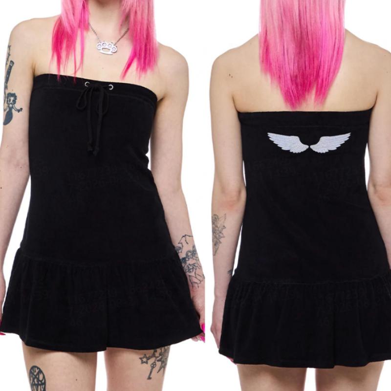 Y2k retro strapless dress with small wings printed on the back for women, drawstring waist cinched, ruffled edges, spicy girl skirt