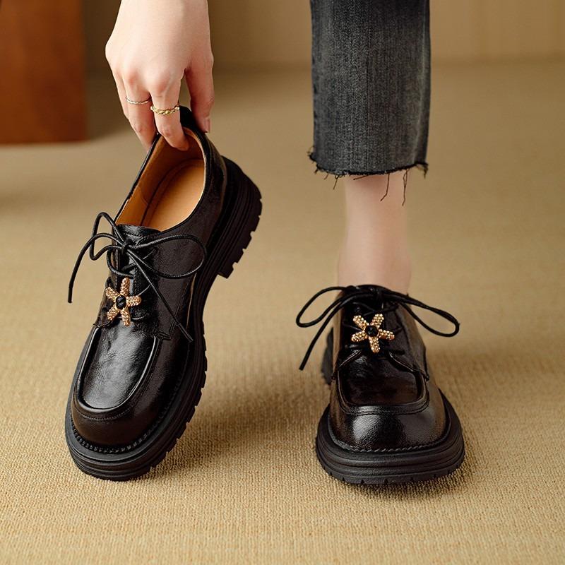 

Fashion Block Heel Loafers Autumn New Round Toe Deep Mouth Front Lace-Up Rhinestone Non-Slip Wear-Resistant Platform Single Shoes 40