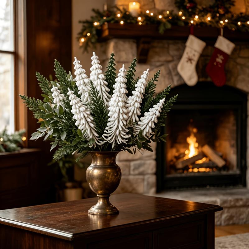 15pcs Set New Style - Artificial Christmas Pine Branch Bouquet | White and Green Flocked Pine Branches, Nordic Winter Holiday Ornament
