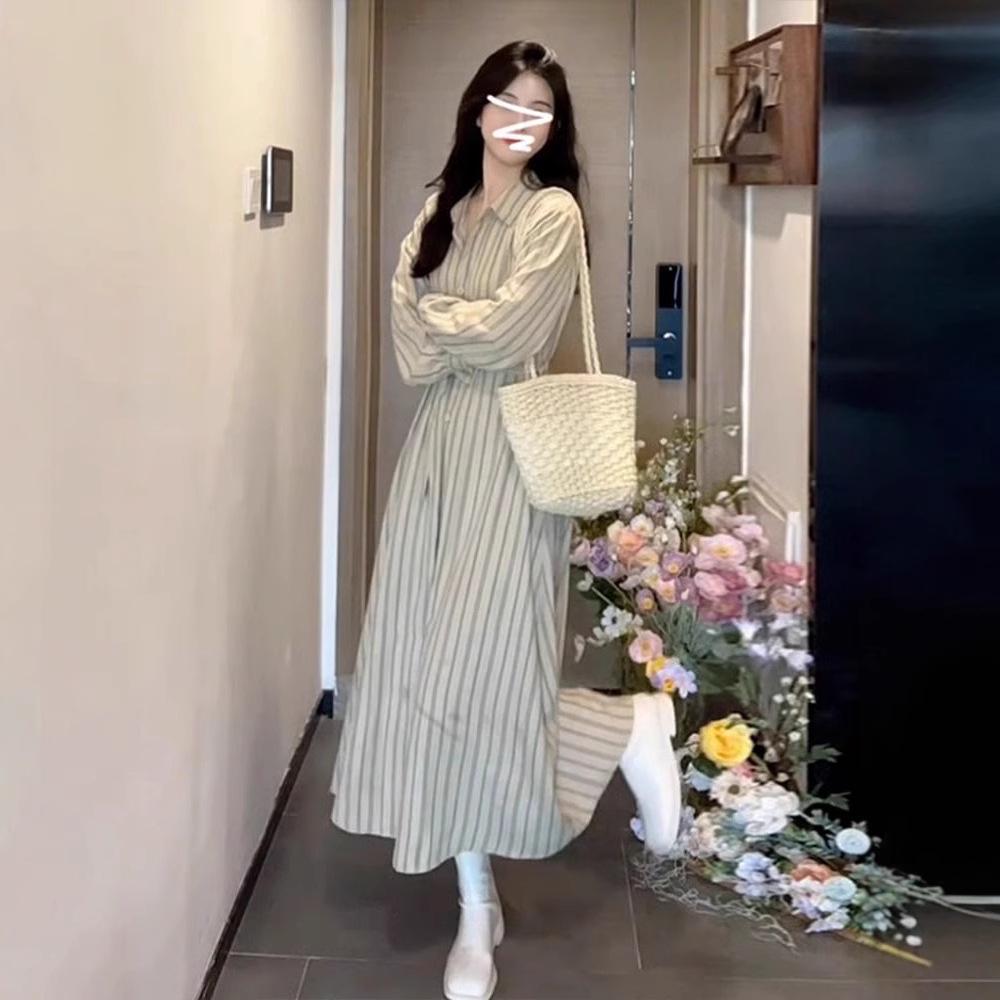 

Женское платье-рубашка с длинным рукавом в французскую полоску, миниатюрное, приталенное, средней длины, коллекция осень 2024 Small