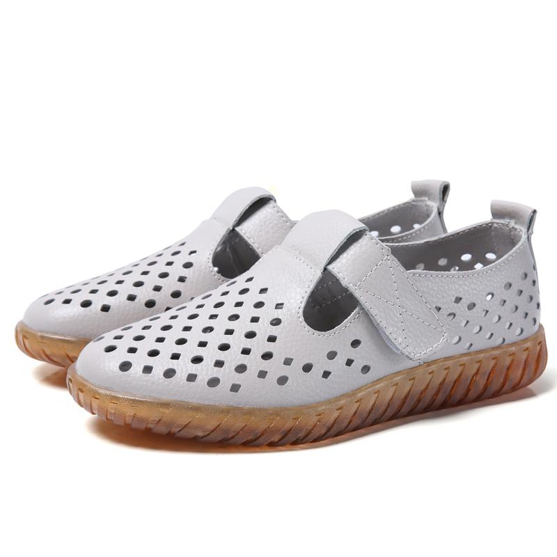 Fashion Women's Mother Female Genuine Leather White Shoes Sandals Loafers Moccasins Hook Loop Outdoor Cool Beach Summer Hollow