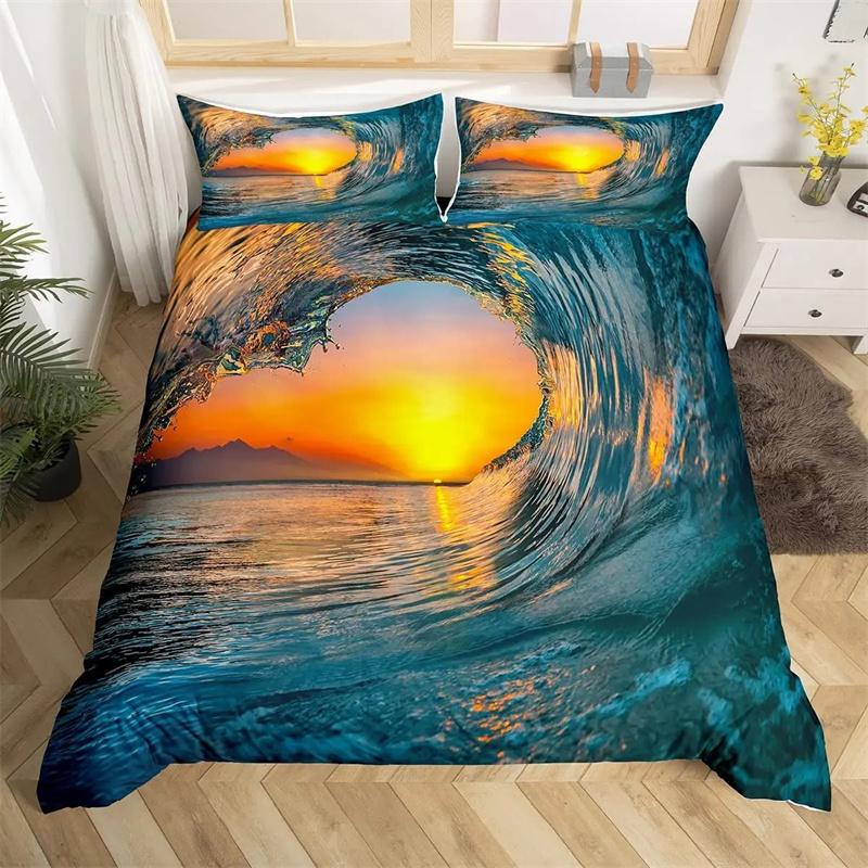 Beach Sea Wave Ocean Duvet Cover Sunset Hawaiian Palm Tree Wave Comforter Cover Tropical Island and Sea Beach Nature Theme Decor