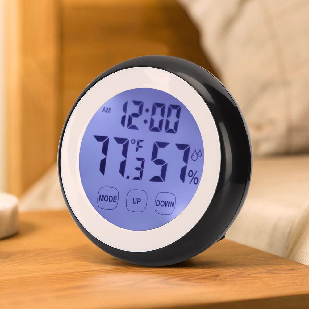 Round Shape Household Touching Digital Electronic Alarm Clock with Temperature Humidity Display