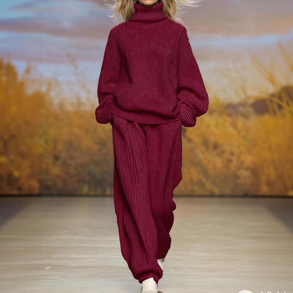 Damen Modisches Lässiges Gestricktes Locker sitzendes Set mit Rollkragen und Weitbeinhose