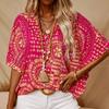 Leisure Shirt2025 Women's Fashion New V-neck Print Vacation Style Batwing Sleeve Tops Casual Shirt