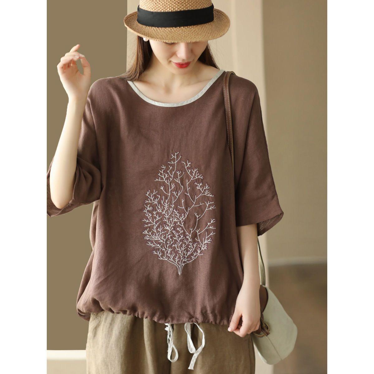 

Пуловер с круглым вырезом, свободная футболка большого размера для женщин, новый стиль, ретро, вышитый хлопково-льняной топ для женщин XL