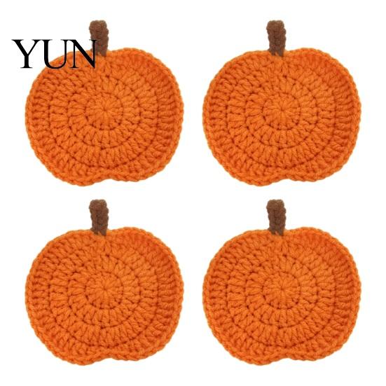 Easy to Clean Table Mats Handmade Crochet Pumpkin Coasters, Soft Polyester Coffee Mats, Cushion Autumn Themed Farmhouse Dining Accessories for Kitchen