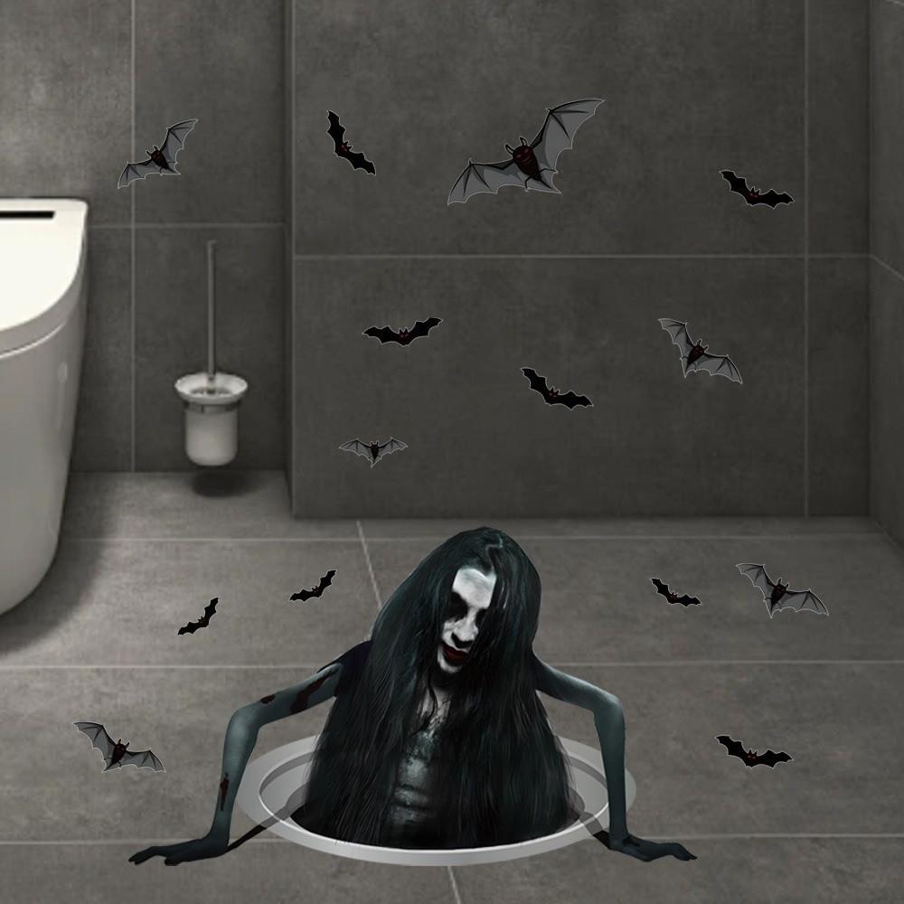 Easy Peel Long Hair Women Halloween Ghost Stickers Removable Funny Ghost Wall Stickers PVC Scary Halloween Decal Interior Props