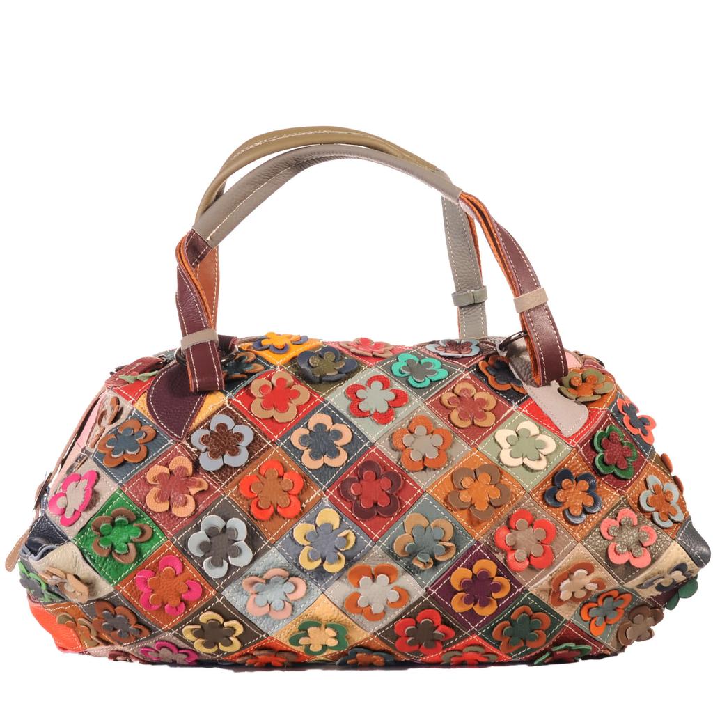 Women's Patchwork Bag with 3D Flowers