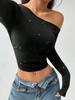 Women's Off-Shoulder Rhinestone Waist-Cinching Long-Sleeve Top