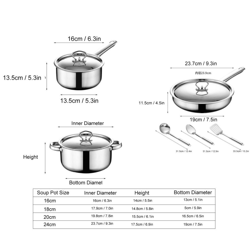 Kitchen Cookware Set Stainless Steel Pots Pans Set with Soup Pot Saute Pan Lids for Home Cooking Stainless Steel Pots Pans Set