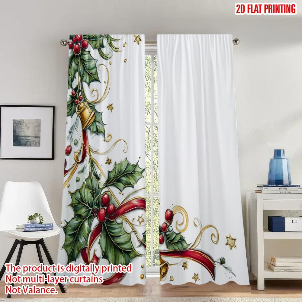 

Flat Printing Christmas Hot Curtains Holly Garland Digital Printed Polyester Drapes Festive Perfect Set Of 2 Made W100*H70(CM)-Grommet top&1PCS