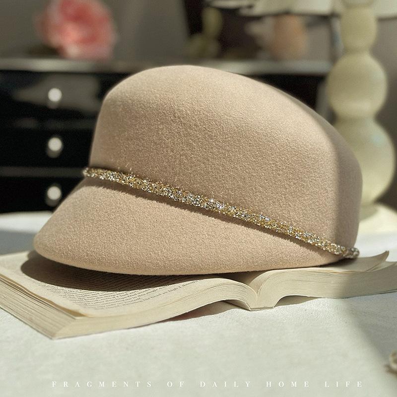 Rhinestone Decorated Wool Tweed Beret Hat Vintage Elegant British Style for Autumn Winter Equestrian Riding Daily Party Wear
